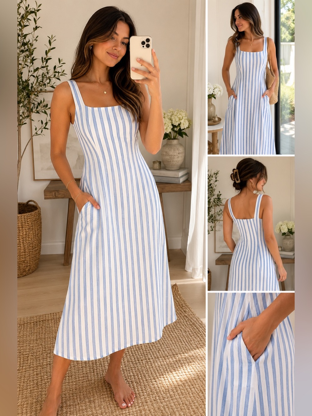 Old Navy White and Light Blue Striped Linen Midi Dress